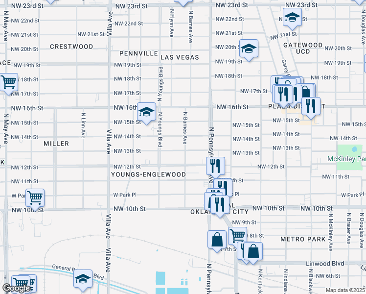 map of restaurants, bars, coffee shops, grocery stores, and more near 2201 Northwest 13th Street in Oklahoma City