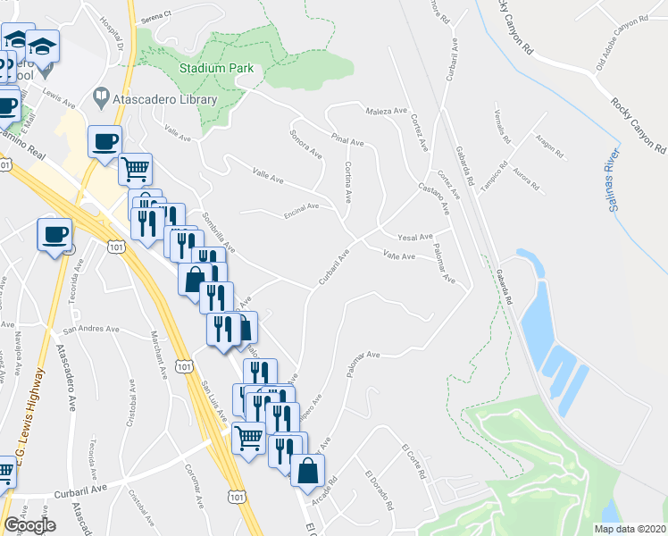 map of restaurants, bars, coffee shops, grocery stores, and more near 9050 Curbaril Avenue in Atascadero