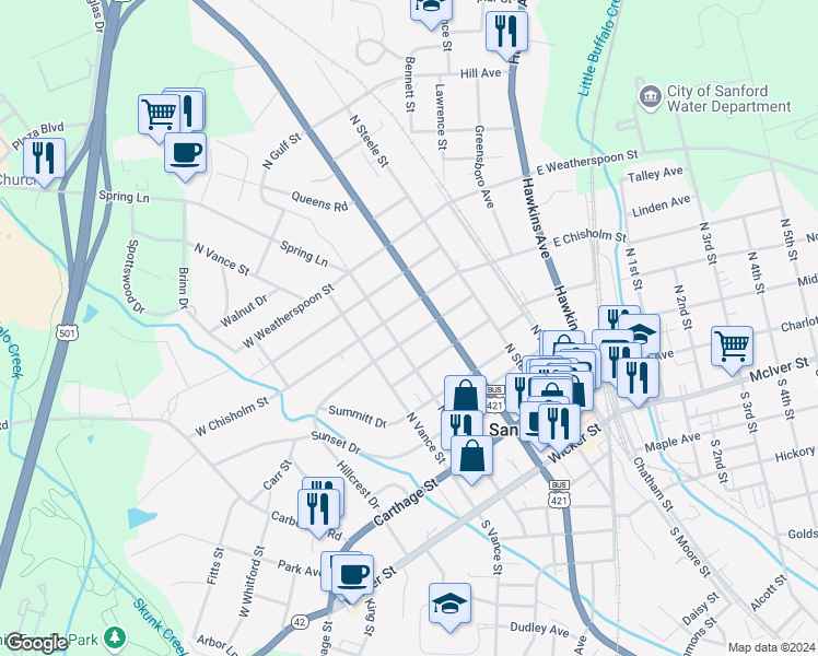 map of restaurants, bars, coffee shops, grocery stores, and more near 312 Cross Street in Sanford