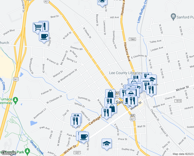 map of restaurants, bars, coffee shops, grocery stores, and more near 312 Cross Street in Sanford