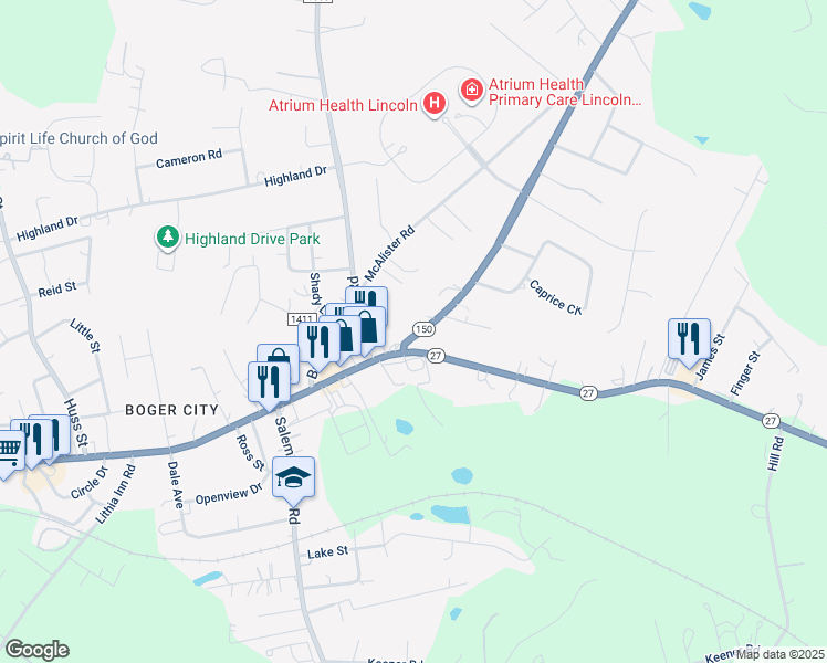 map of restaurants, bars, coffee shops, grocery stores, and more near 2347 North Carolina 150 in Lincolnton