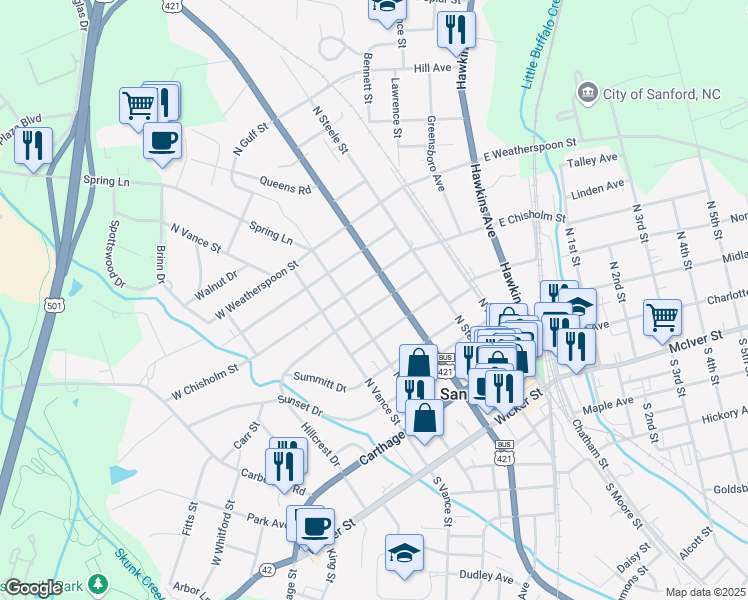 map of restaurants, bars, coffee shops, grocery stores, and more near 310 Cross Street in Sanford