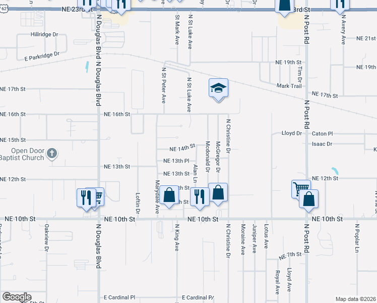 map of restaurants, bars, coffee shops, grocery stores, and more near 9420 Northeast 13th Place in Midwest City