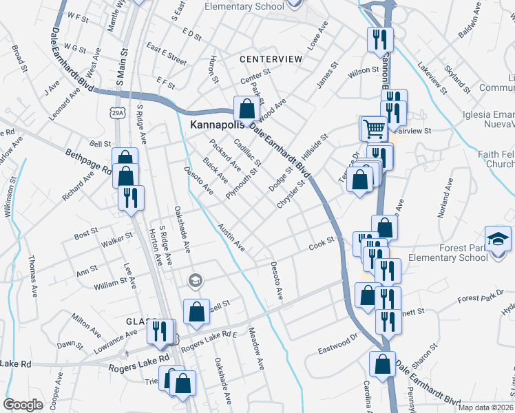 map of restaurants, bars, coffee shops, grocery stores, and more near 1022 Buick Avenue in Kannapolis