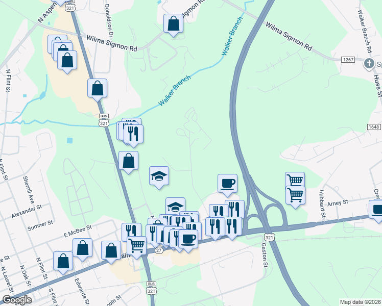 map of restaurants, bars, coffee shops, grocery stores, and more near 400-444 Roper Drive in Lincolnton