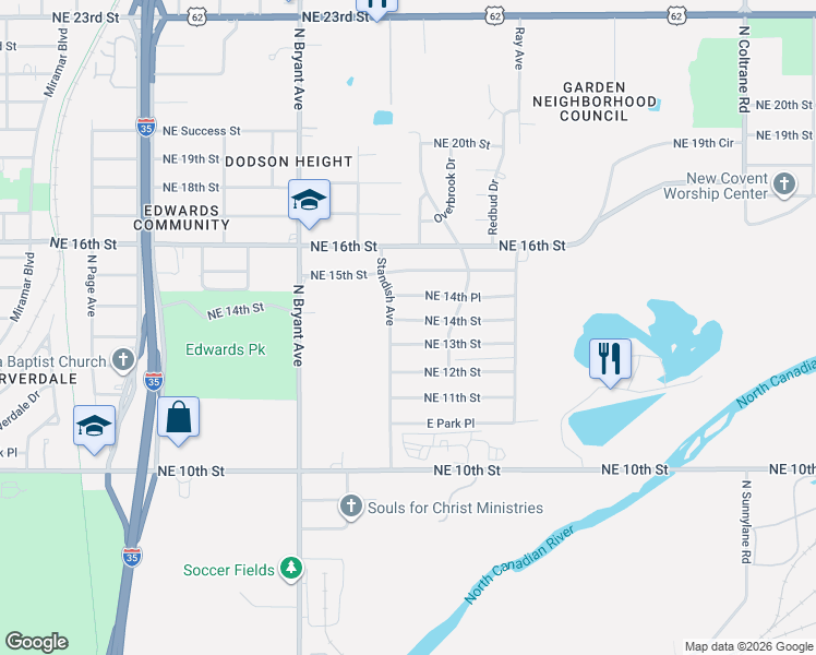 map of restaurants, bars, coffee shops, grocery stores, and more near 3108 Northeast 13th Street in Oklahoma City