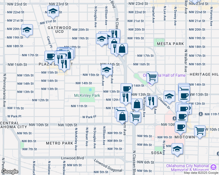 map of restaurants, bars, coffee shops, grocery stores, and more near 1222 Northwest 13th Street in Oklahoma City