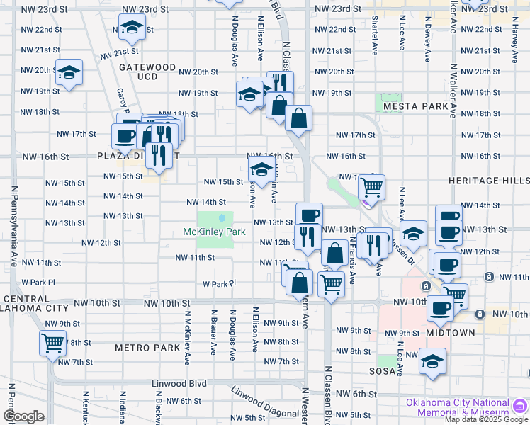 map of restaurants, bars, coffee shops, grocery stores, and more near 1222 Northwest 13th Street in Oklahoma City