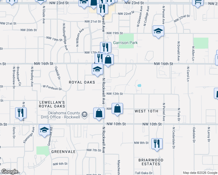 map of restaurants, bars, coffee shops, grocery stores, and more near 1316 North Rockwell Avenue in Oklahoma City