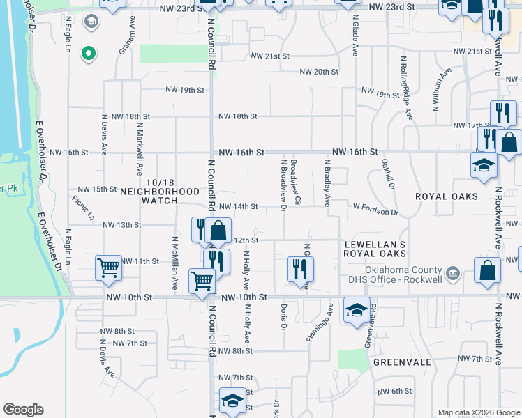 map of restaurants, bars, coffee shops, grocery stores, and more near 1404 Patricia Avenue in Oklahoma City