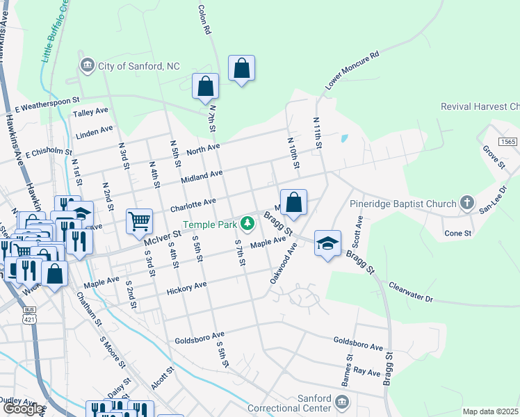 map of restaurants, bars, coffee shops, grocery stores, and more near 517 McIver Street in Sanford