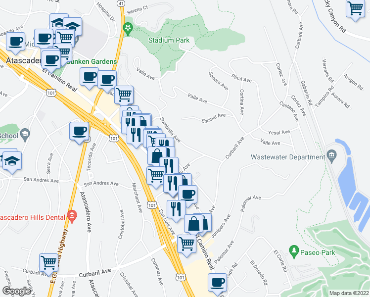 map of restaurants, bars, coffee shops, grocery stores, and more near 7500 Sombrilla Avenue in Atascadero