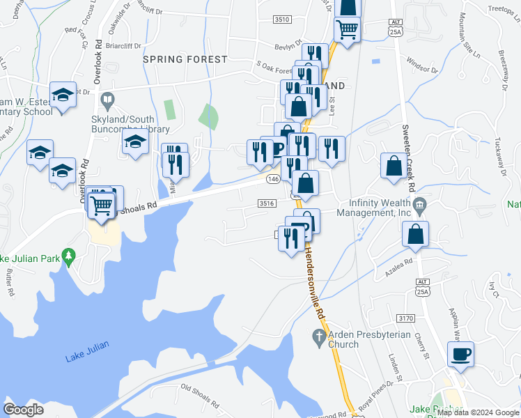 map of restaurants, bars, coffee shops, grocery stores, and more near 17 Maple Lane in Arden
