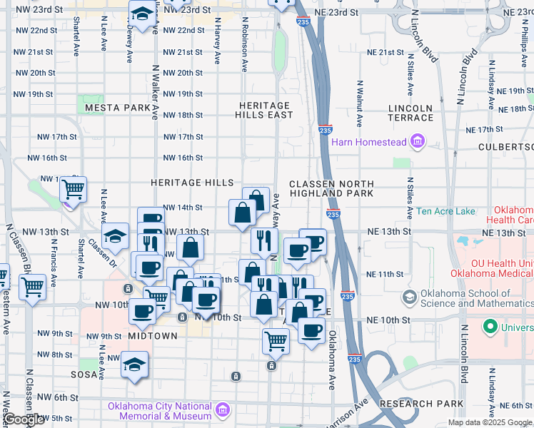 map of restaurants, bars, coffee shops, grocery stores, and more near 113 Northwest 13th Street in Oklahoma City