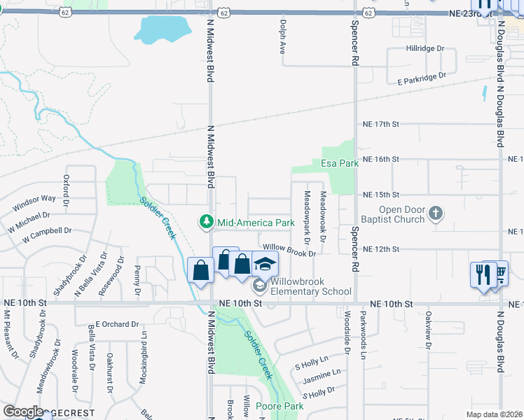 map of restaurants, bars, coffee shops, grocery stores, and more near 801 Meadowgreen Drive in Midwest City