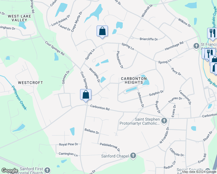 map of restaurants, bars, coffee shops, grocery stores, and more near 2309 Knollwood Drive in Sanford