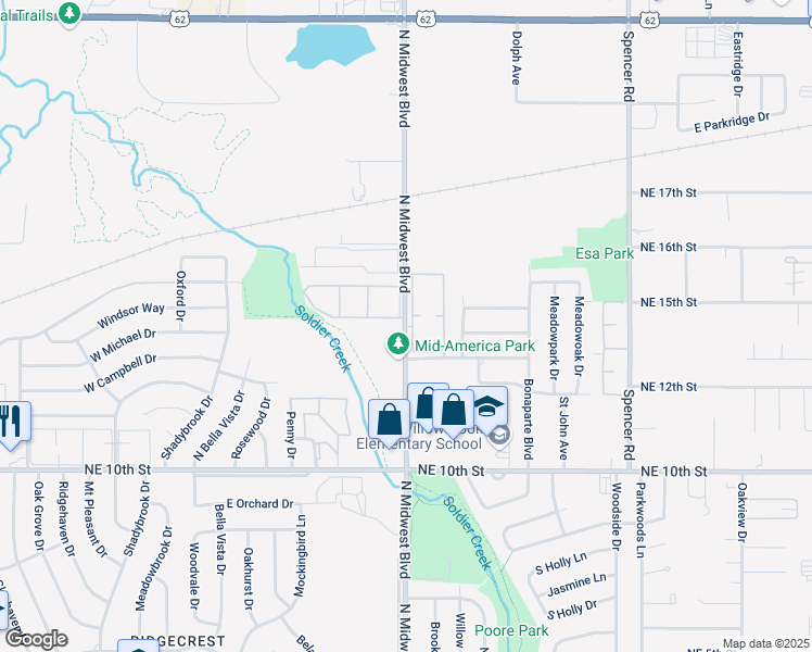 map of restaurants, bars, coffee shops, grocery stores, and more near 1304 North Midwest Boulevard in Oklahoma City