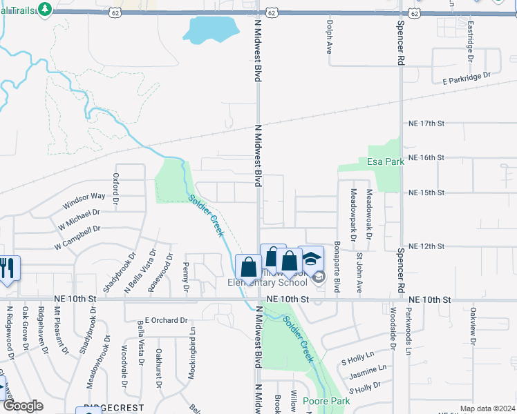 map of restaurants, bars, coffee shops, grocery stores, and more near 1302 North Midwest Boulevard in Midwest City