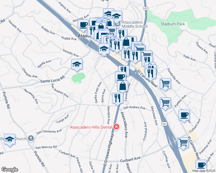 map of restaurants, bars, coffee shops, grocery stores, and more near 6383 Santa Ynez Avenue in Atascadero