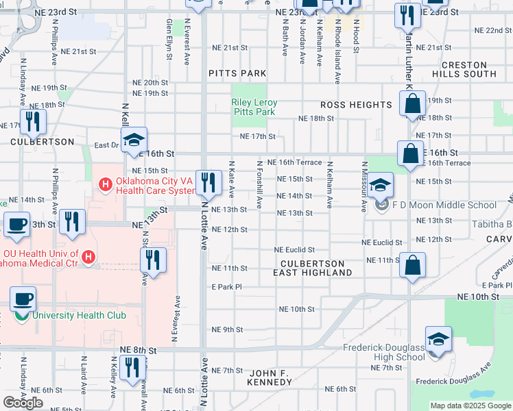 map of restaurants, bars, coffee shops, grocery stores, and more near 1432 Northeast 14th Street in Oklahoma City