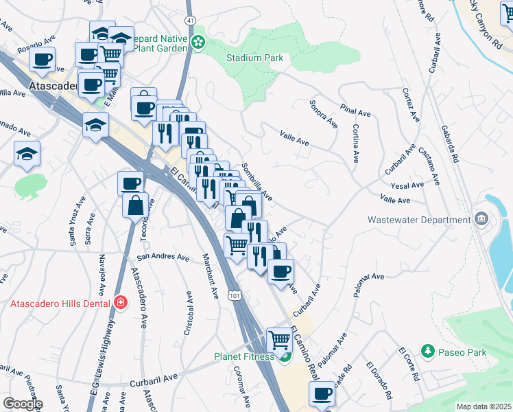map of restaurants, bars, coffee shops, grocery stores, and more near 7400 Sombrilla Avenue in Atascadero