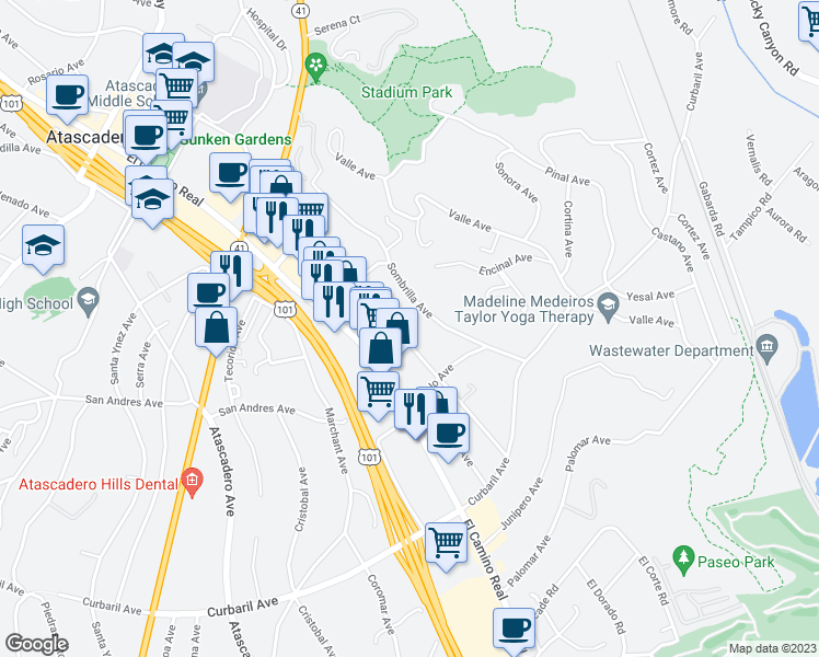 map of restaurants, bars, coffee shops, grocery stores, and more near 7407 Santa Ysabel Avenue in Atascadero