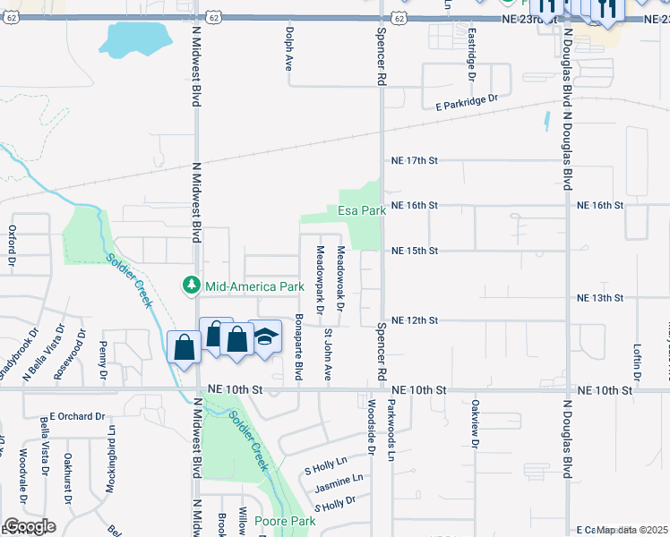 map of restaurants, bars, coffee shops, grocery stores, and more near 4518 Meadowoak Drive in Midwest City