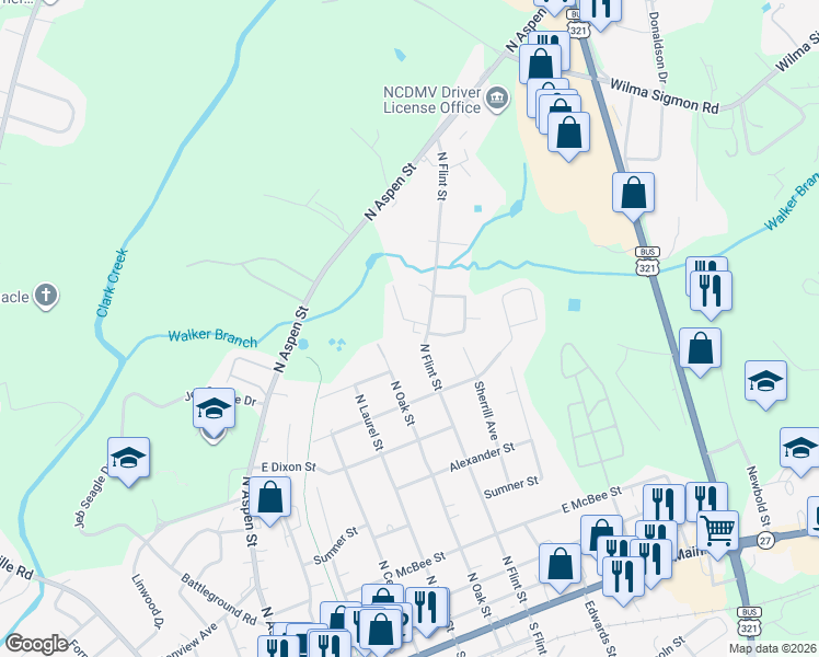 map of restaurants, bars, coffee shops, grocery stores, and more near 101 Hillcrest Drive in Lincolnton
