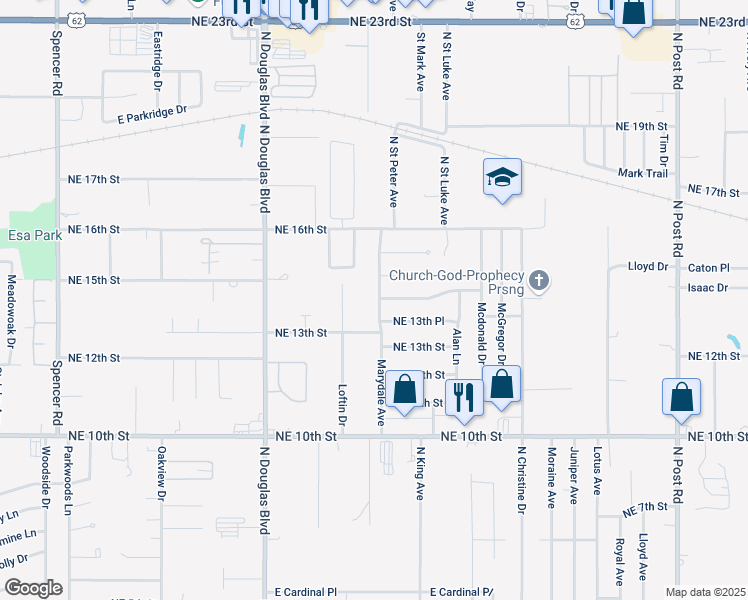 map of restaurants, bars, coffee shops, grocery stores, and more near 1437 Marydale Avenue in Midwest City