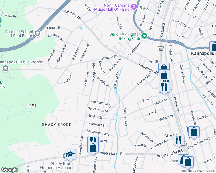 map of restaurants, bars, coffee shops, grocery stores, and more near 901 Oakwood Avenue in Kannapolis