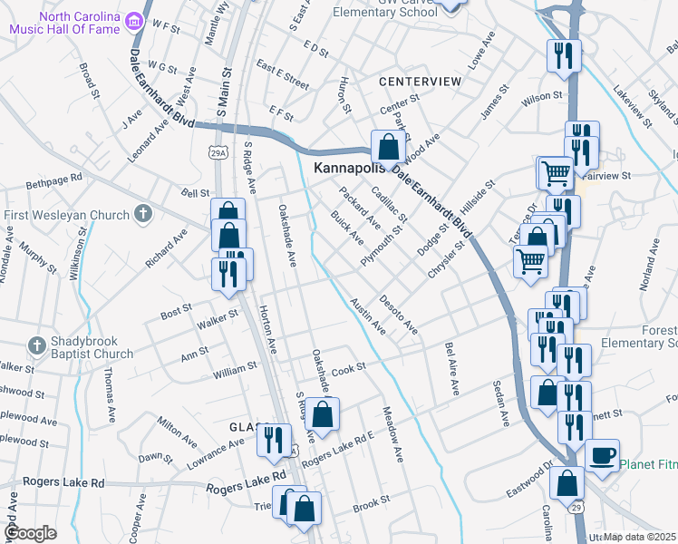 map of restaurants, bars, coffee shops, grocery stores, and more near 403 Plymouth Street in Kannapolis