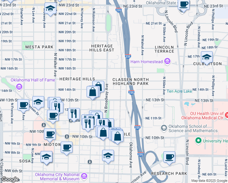 map of restaurants, bars, coffee shops, grocery stores, and more near 1508 North Broadway Avenue in Oklahoma City