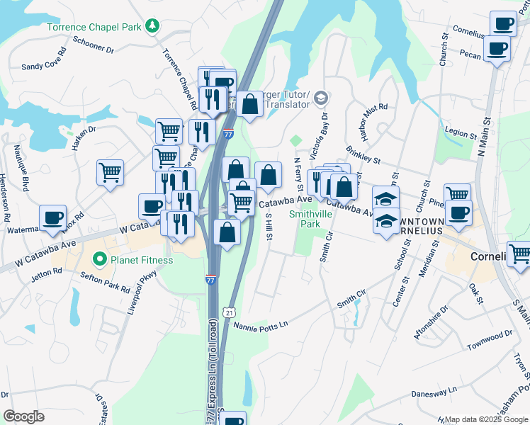 map of restaurants, bars, coffee shops, grocery stores, and more near 20701 Catawba Avenue in Cornelius