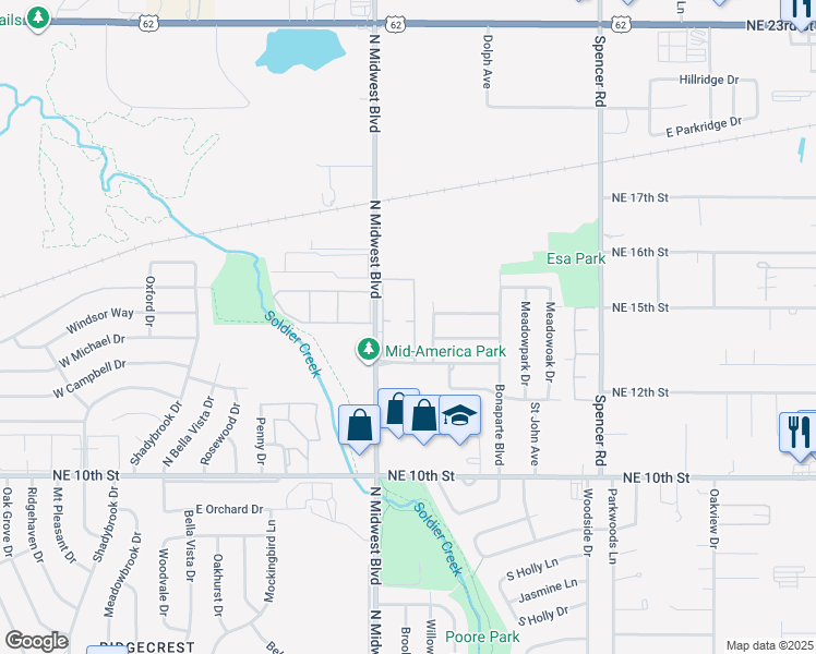 map of restaurants, bars, coffee shops, grocery stores, and more near 1406 North Midwest Boulevard in Midwest City