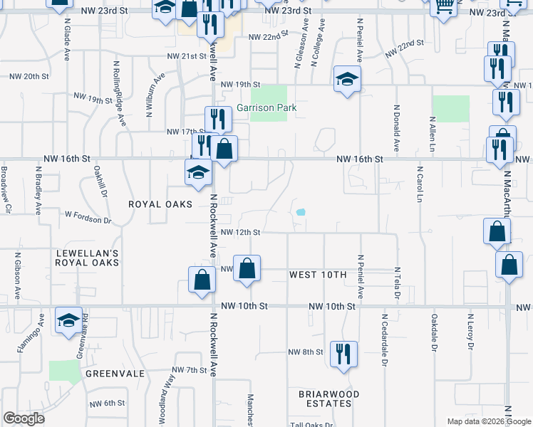map of restaurants, bars, coffee shops, grocery stores, and more near 6919 Northwest 13th Street in Oklahoma City
