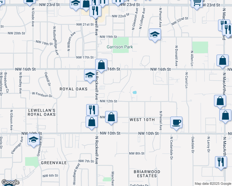 map of restaurants, bars, coffee shops, grocery stores, and more near 6919 Northwest 13th Street in Oklahoma City