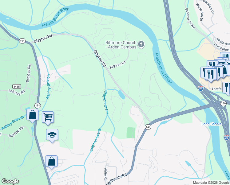 map of restaurants, bars, coffee shops, grocery stores, and more near 100 Clayton Road in Arden