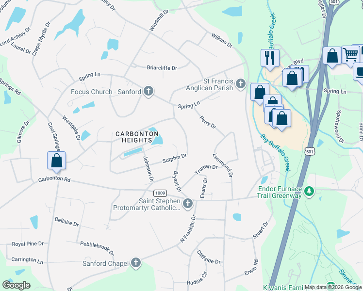 map of restaurants, bars, coffee shops, grocery stores, and more near 1824 Sutphin Drive in Sanford