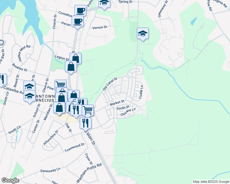 map of restaurants, bars, coffee shops, grocery stores, and more near 972 Gardners Way in Cornelius