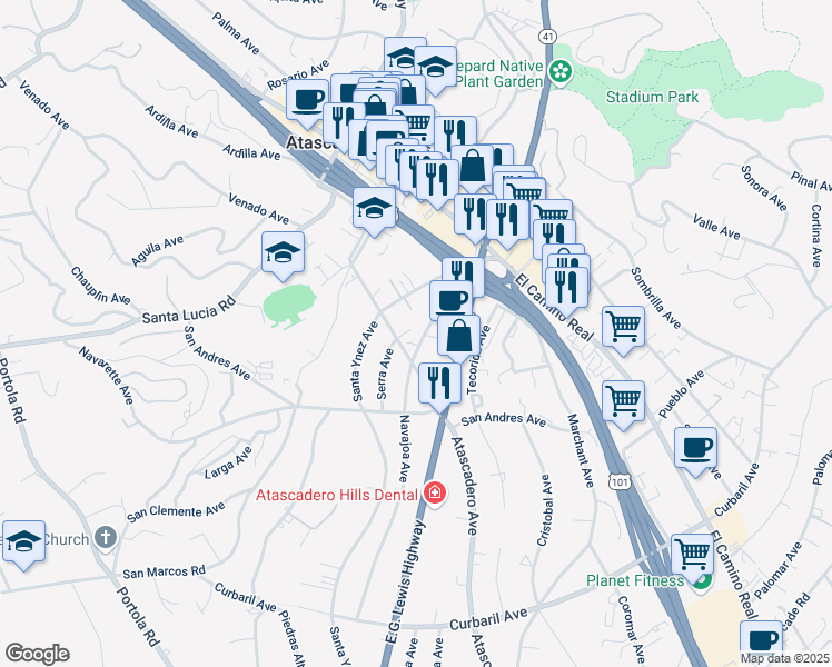 map of restaurants, bars, coffee shops, grocery stores, and more near 6383 Santa Ynez Avenue in Atascadero