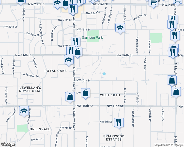 map of restaurants, bars, coffee shops, grocery stores, and more near 6919 Northwest 13th Street in Oklahoma City