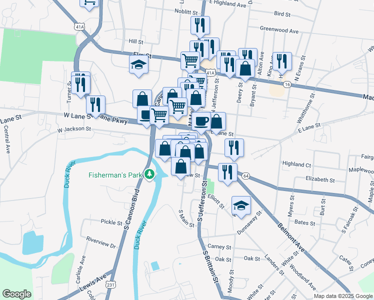 map of restaurants, bars, coffee shops, grocery stores, and more near Holland Street in Shelbyville