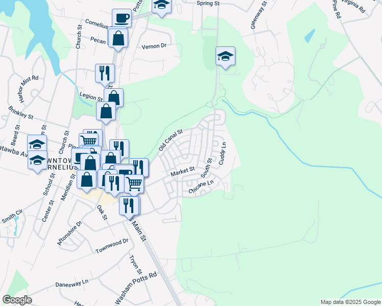 map of restaurants, bars, coffee shops, grocery stores, and more near 1091 Writers Way in Cornelius