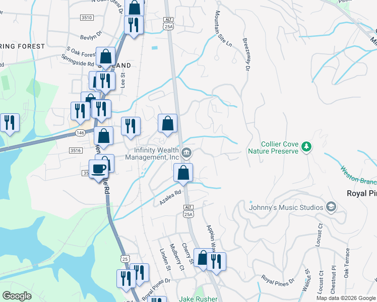 map of restaurants, bars, coffee shops, grocery stores, and more near 3336 Sweeten Creek Road in Arden