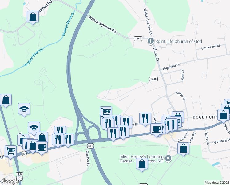 map of restaurants, bars, coffee shops, grocery stores, and more near 102 Bryans Way in Lincolnton