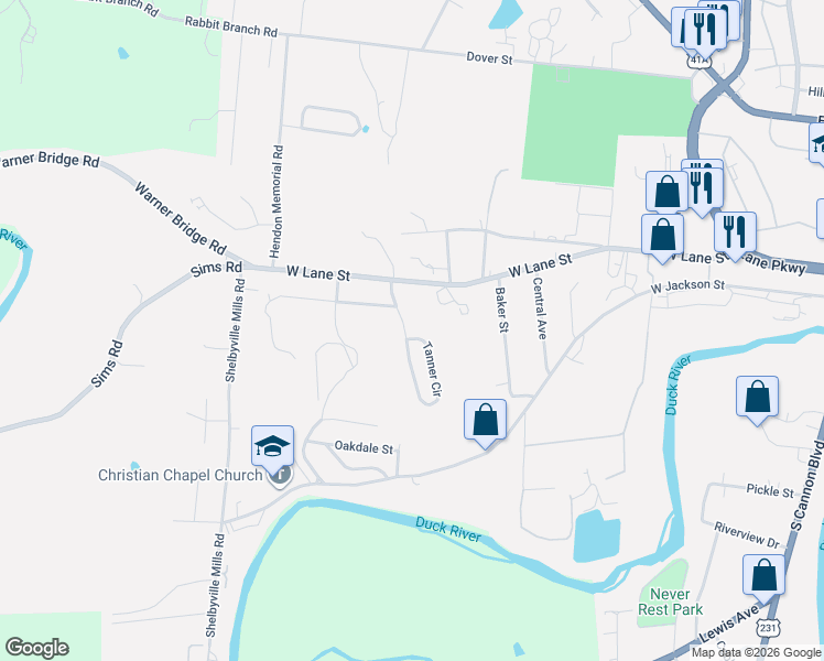 map of restaurants, bars, coffee shops, grocery stores, and more near 201 Fairway Green Drive in Shelbyville