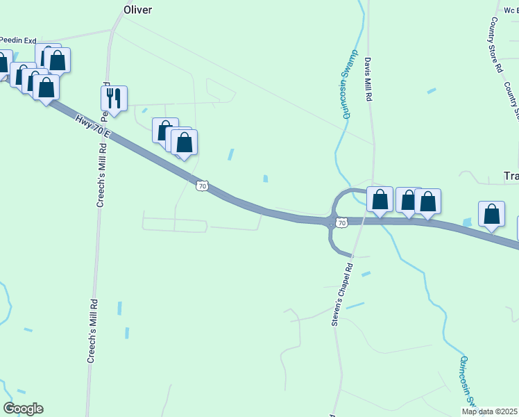 map of restaurants, bars, coffee shops, grocery stores, and more near 3511 US Highway 70 East in Smithfield