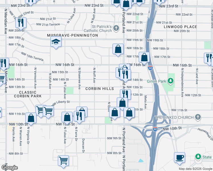 map of restaurants, bars, coffee shops, grocery stores, and more near 3744 Northwest 14th Street in Oklahoma City