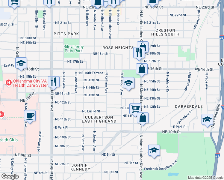 map of restaurants, bars, coffee shops, grocery stores, and more near 1724 Northeast 14th Street in Oklahoma City