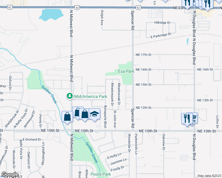 map of restaurants, bars, coffee shops, grocery stores, and more near 4509 Meadowpark Drive in Midwest City